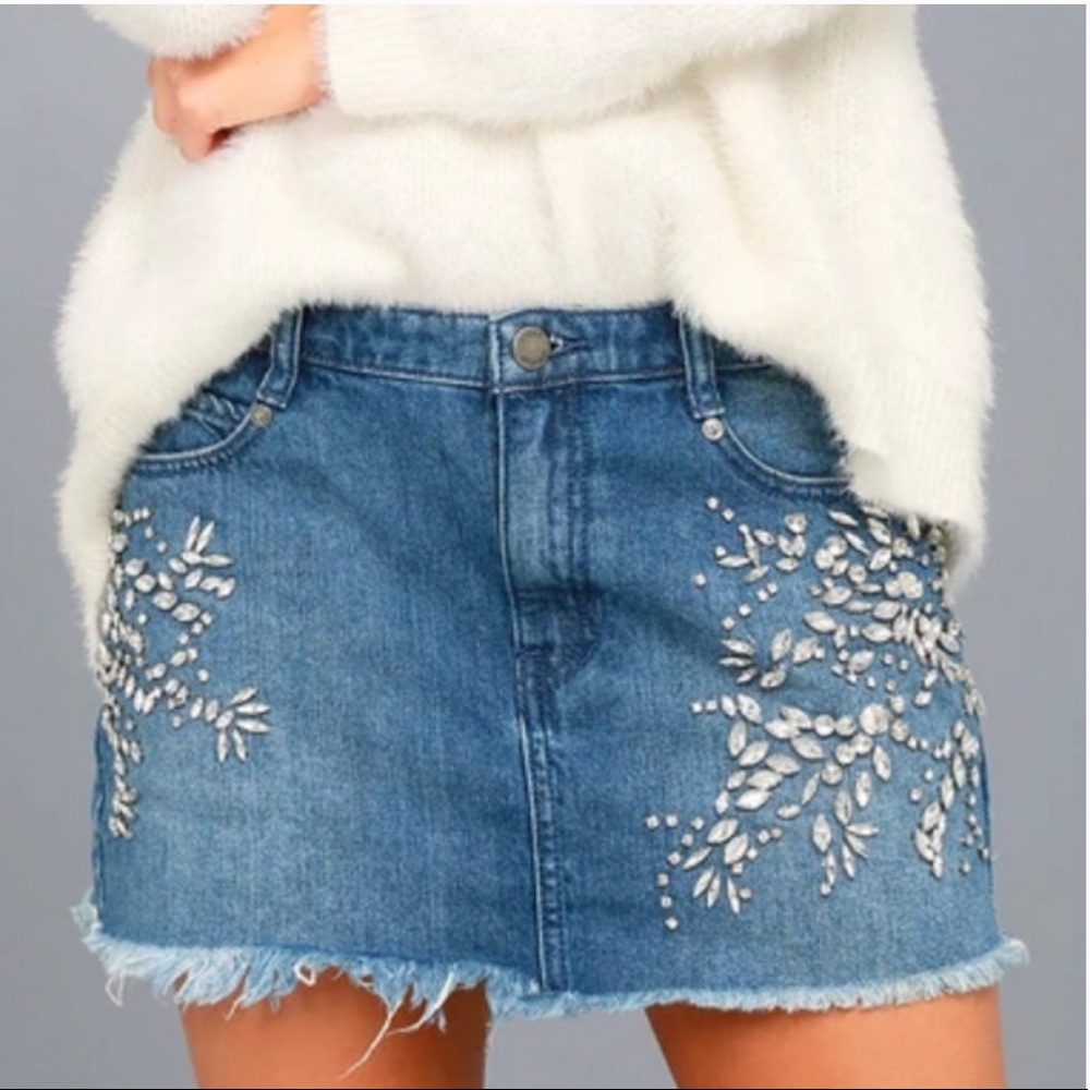 Free People Rhinestone Denim Frayed Mini Skirt